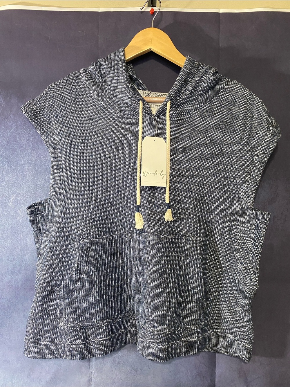 Wonderly Textured Slate Blue Sleeveless Hoodie with Cream Drawcords
